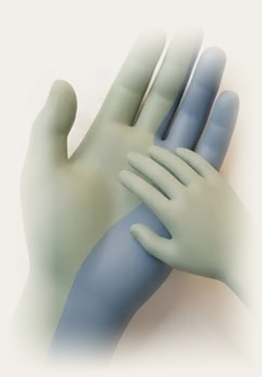 Two clay hands, one resting gently on the other.